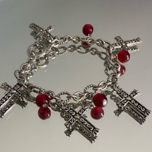 Silver Cross & Red Glass Charm Bracelet